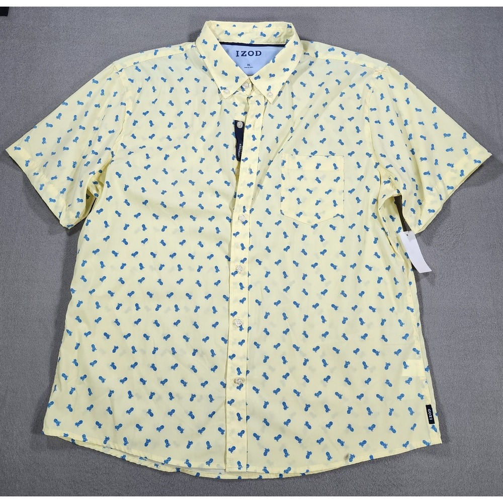 IZOD Shirt Mens XL Yellow Blue Pineapple Print Casual Short Sleeve Button Down